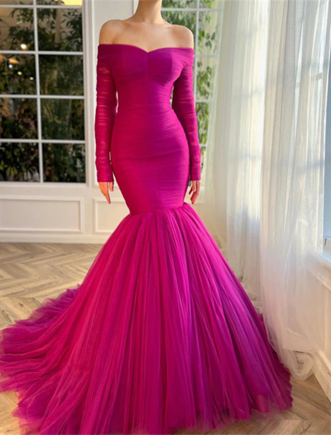 Wholesale Mermaid / Trumpet Evening Gown Elegant Dress Wedding Guest Wedding Party Court Train Long Sleeve Off Shoulder Tulle with Ruched